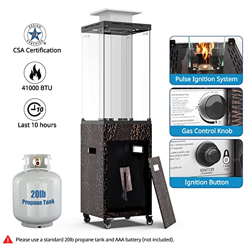 OTSUN 56''Patio Heater,Outdoor Propane Heater with Wheels,Metal Hood, Weather Cover, 41000 BTU with CSA Certification Gas Fireplace,201 Double Tempere